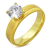 Zásnubný prsteň z ocele, číry kamienok, zlatá farba, saténový pás - Solitér