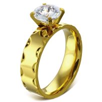 Zásnubný prsteň so zirkónom, oceľ, zlatá farba a gravírovanie - Solitér