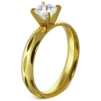Zásnubný prsteň so zirkónom, chirurgická oceľ, zlatá farba a gravírovanie - Solitér