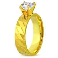 Zásnubný prsteň so zirkónom a gravírovaním, oceľ zlatej farby - Solitér