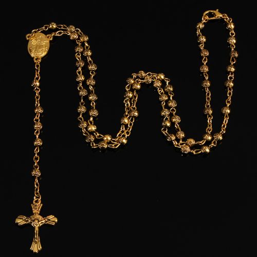 Jemný kovový ruženec v zlatej farbe, Ježíš Kristus a Panna Mária, ruža