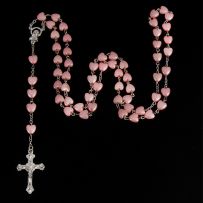 Ružový ruženec s krížom, Ježíš Kristus a Panna Mária, plastové srdiečka